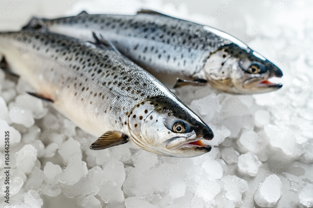 Obraz premium Two Fresh Atlantic Salmon on Crushed Ice. AI-generated two whole Atlantic salmon (Salmo salar) on clear crushed ice atop a light stone kitchen countertop