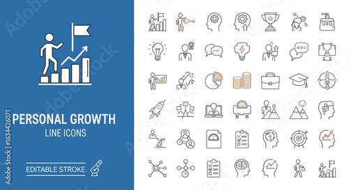 Personal Growth line icon set. Editable stroke symbols for self improvement, career development, and success.