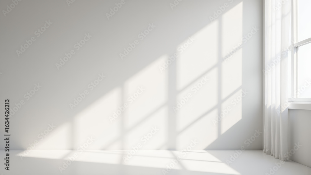 Fototapeta premium Bright, minimalistic interior with soft shadows cast by sunlight through window, creating serene atmosphere