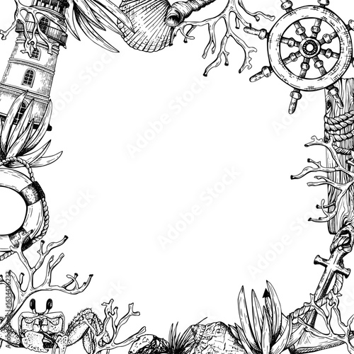 Marine themed frame with a lighthouse, ship wheel, lifebuoy, seashells, anchor, coral, crab. Vector illustration arranged in a hand drawn border design. Perfect for oceanic invitations, designs