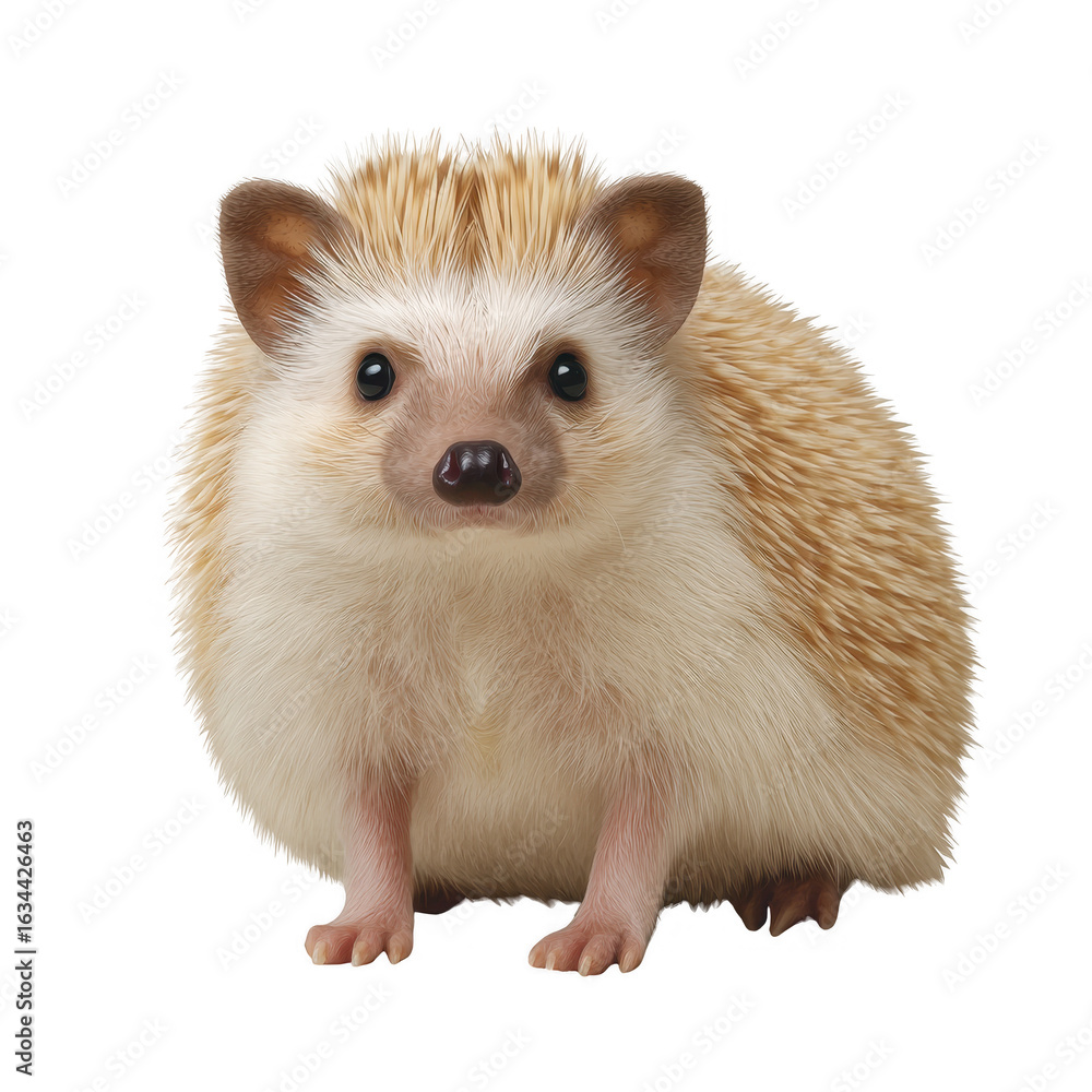 Fototapeta premium A cute, fluffy hedgehog with a light brown and white color scheme posing adorably on a white isolated background.