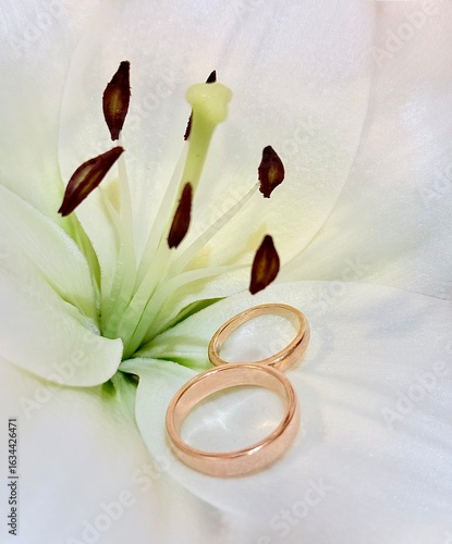 Close-up macro of wedding rings resting on a lily blossom. Romantic and elegant detail for weddings, proposals, engagement, or floral styling