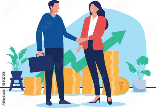 Profitable successful business deal - Two businesspeople shaking hands over agreement in front of rising money chart and green arrow pointing up. Partnership concept in flat design vector illustration