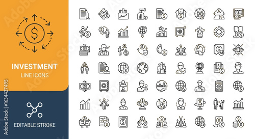 Investment and finance line icon set. Vector symbols for business, money, stock market, and global economy strategy.