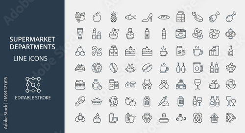 Comprehensive line icon set for supermarket departments. Vector symbols for grocery store sections, food, and retail products.