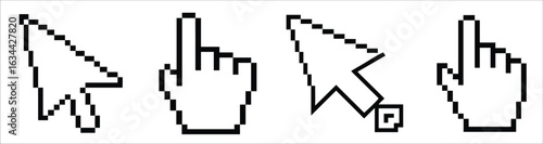 Collection of pixelated cursor icons featuring arrow and hand pointers against a white background