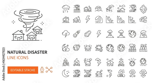 Collection of natural disaster line icons. Editable stroke pictograms for weather events, geological catastrophes, and climate emergencies.