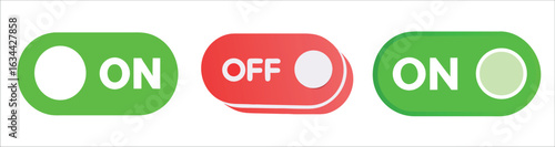 Three illuminated toggle switches displaying on and off states with two green on switches and one red off switch signifying control and power