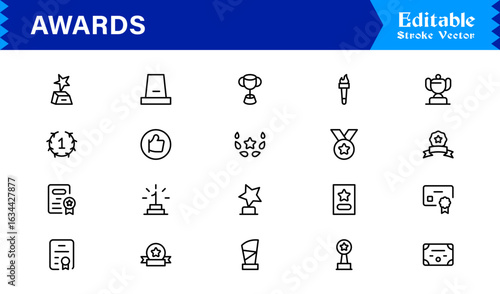 Awards line icon set with professional modern minimal style, unique vector symbols for recognition achievement celebration, elegant and clean design collection, premium quality