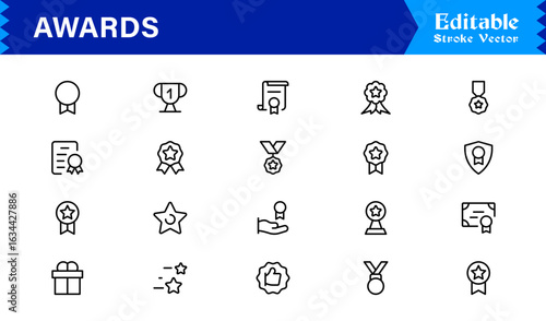 Awards line icon set with professional modern minimal style, unique vector symbols for recognition achievement celebration, elegant and clean design collection, premium quality