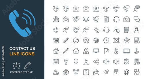 Contact us line icon set for business communication. Vector graphic collection for web support and customer service.