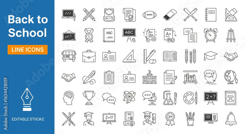A collection of back to school themed line icons. Includes symbols for education, learning, and school supplies. Editable stroke.