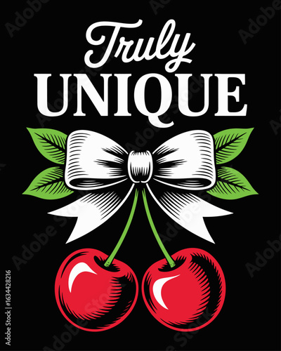 Cherries with Red Ribbon Bow Vector Illustration – Funny and Cute Food Fashion Slogan Print for T-Shirts, Apparel, and Graphic Tee Patterns Featuring Fresh Cherry Fruit Design

