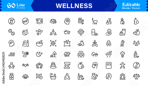 Wellness Icon Set Featuring Health, Mindfulness, Fitness, and Self-Care Symbols in Vector Style