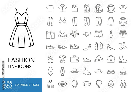 Collection of fashion and clothing line icons. Vector symbols for dress, shirt, shoes, and accessories. Editable stroke outline design elements.