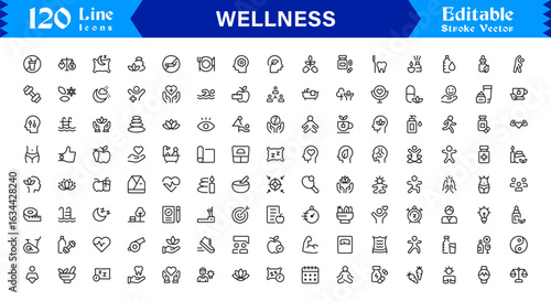 Wellness Icon Set Featuring Health, Mindfulness, Fitness, and Self-Care Symbols in Vector Style