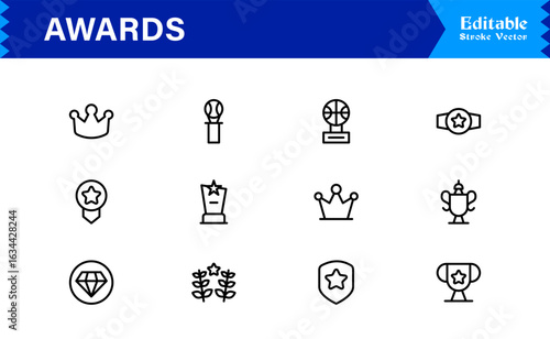 Awards line icon set with professional modern minimal style, unique vector symbols for recognition achievement celebration, elegant and clean design collection, premium quality