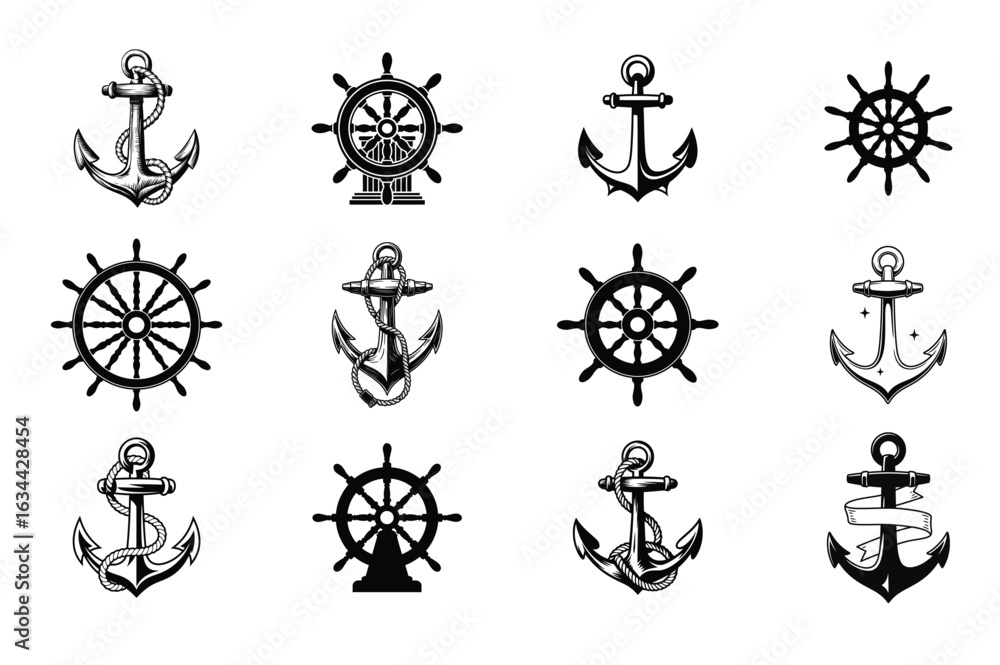 Fototapeta premium Anchor and Ship Wheel Icon Set
