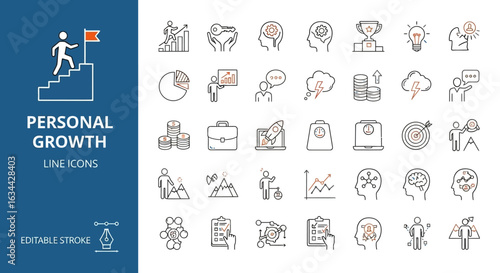 Personal growth and self-improvement line icon set. Vector symbols for career development, goal setting, and success. Editable stroke.