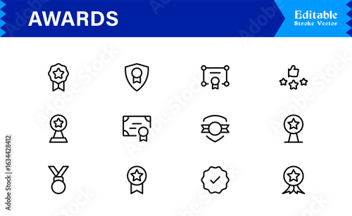 Awards line icon set with professional modern minimal style, unique vector symbols for recognition achievement celebration, elegant and clean design collection, premium quality