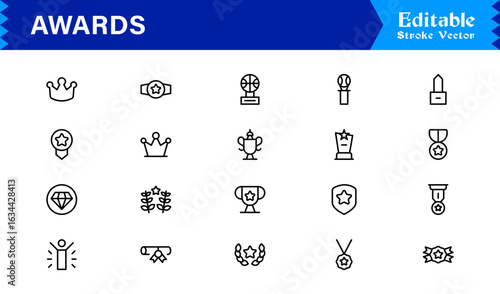 Awards line icon set with professional modern minimal style, unique vector symbols for recognition achievement celebration, elegant and clean design collection, premium quality