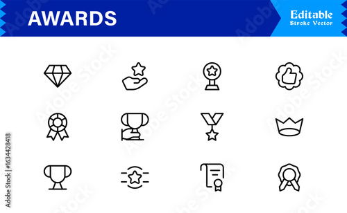 Awards line icon set with professional modern minimal style, unique vector symbols for recognition achievement celebration, elegant and clean design collection, premium quality