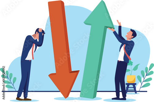 Business competition - Business people with arrow going down and up, income vs loss and failure versus winning concept in flat design vector illustration on white background