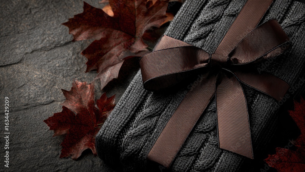 Obraz premium Dark gray knitted gift box with autumn leaves