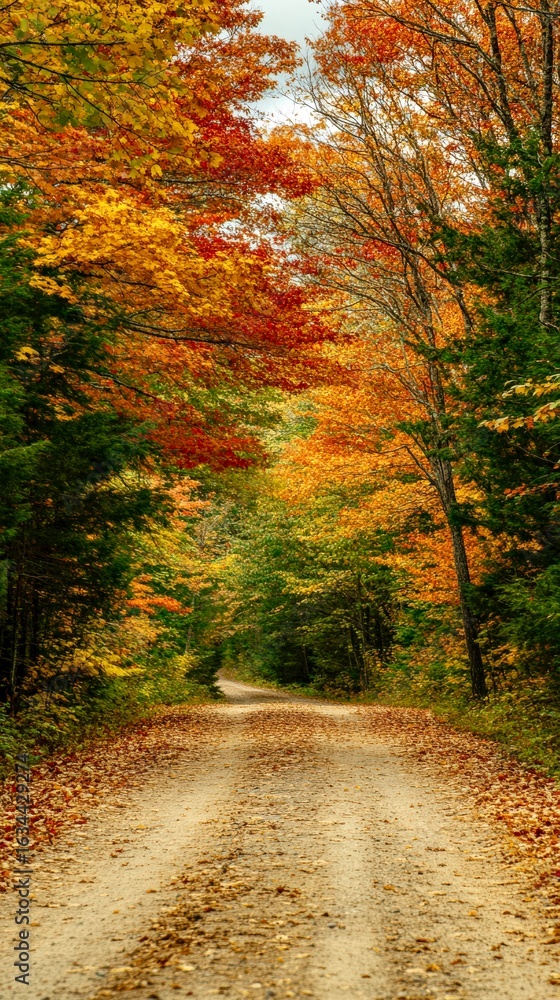 Obraz premium Autumn trail through red and golden trees in vibrant forest