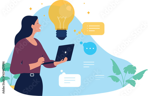 Woman with great idea - Female developer person coming up with new creative ideas and innovating holding laptop computer in hands. Flat design vector illustration on white background