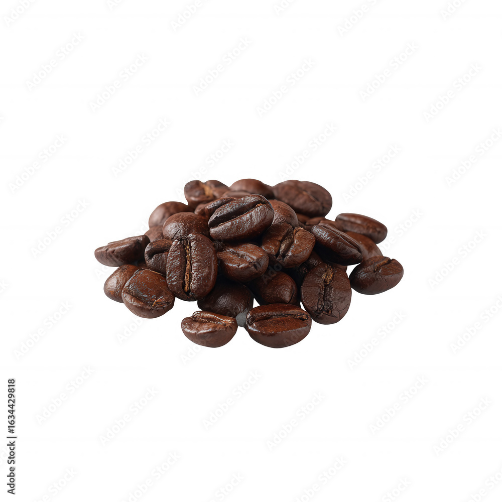 Naklejka premium A pile of fresh roasted coffee beans on a white isolated background, showcasing their rich brown color and distinct texture, perfect for coffee lovers and culinary enthusiasts.