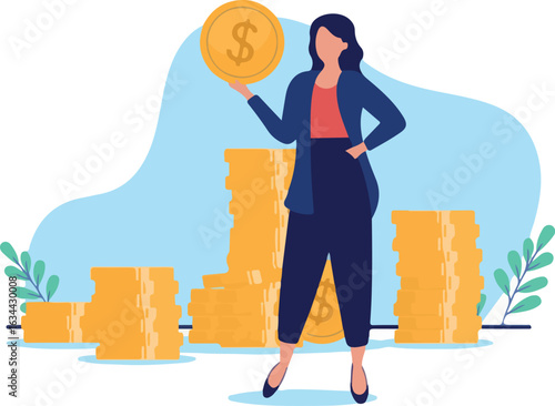 Woman with money - Professional businesswoman standing in front of stack of coins. High salary and income concept in flat design vector illustration with white background