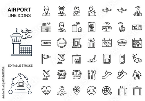 Beach and summer vacation line icon set. A comprehensive collection of symbols for travel, seaside holidays, and tropical life.