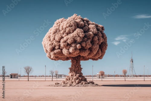 A surreal, beige mushroom cloud tree in a desert landscape
