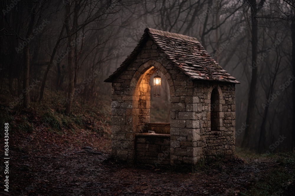 Obraz premium A small stone shelter, lit by a lantern, nestled within a misty forest