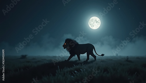 A majestic male lion walks under a bright moon through foggy grass, evoking mystery and wild strength.