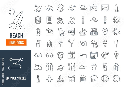 Beach and summer vacation line icon set. A comprehensive collection of symbols for travel, seaside holidays, and tropical life.
