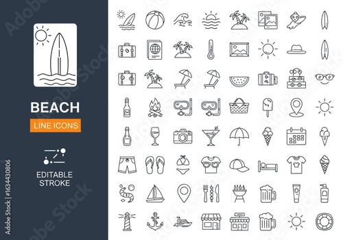 Beach and summer vacation line icon set. A comprehensive collection of symbols for travel, seaside holidays, and tropical life.