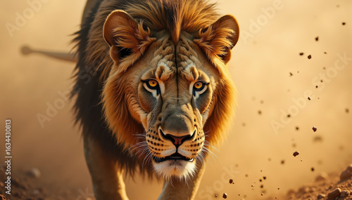 A lion steps from swirling dust, his gaze intense, mane rough, and face marked by wild clashes.