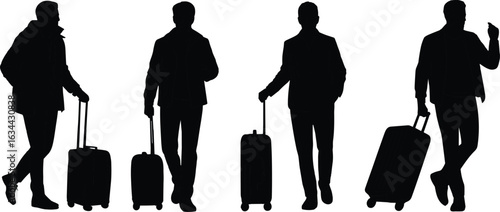 Silhouettes of travelers, walking poses, rolling suitcases, travel concept, business trip, leisure journey, black figures, white background, motion, minimalist design, airport vibe