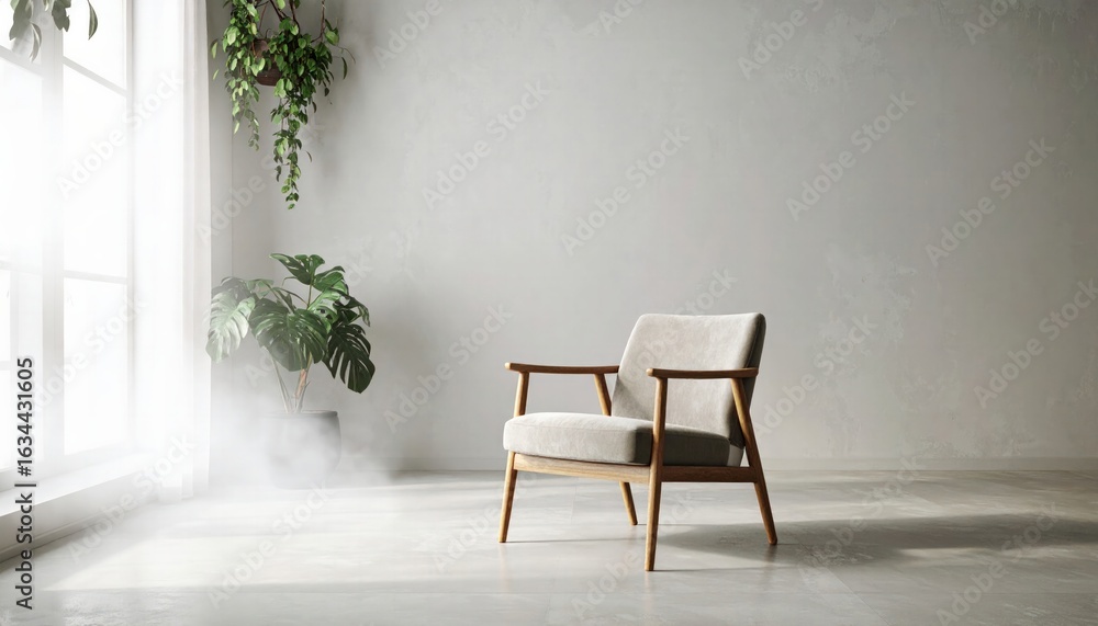 Fototapeta premium Cozy Minimalist Chair Surrounded by Greenery in a Bright, Serene Living Room with Natural Light and Spacious Ambiance
