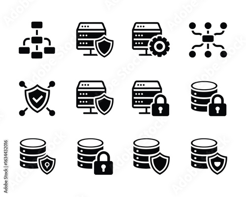 Network security and server protection solid glyph icon set featuring lock, shield, data center safety, system defense, information security, cyber protection, and digital safety symbols for technolog