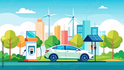 Electric Car Charging Station in an Urban Landscape with Wind Turbines and Solar Panels Under a Bright Blue Sky