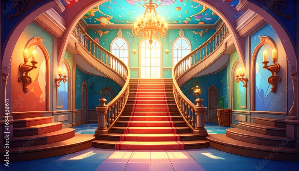 Obraz premium Elegant Grand Staircase with Colorful Interior and Chandelier in Well Lit Historical Mansion