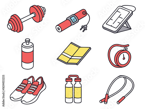 20 vector icons showing gym and home workout gear: dumbbell, yoga mat, resistance band, water bottle, workout plan, kettlebell, stretching, jump rope, smartwatch, protein shake.