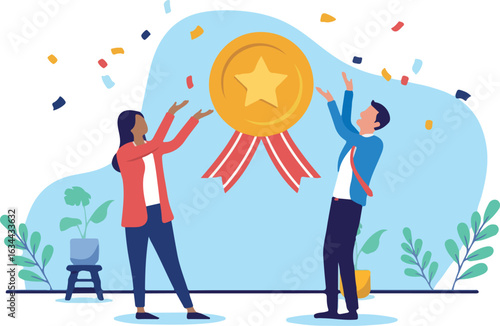 Business winners - Two businesspeople celebrating winning and earning medal badge emblem for being great at work. Excellence and quality concept in flat design vector illustration on white background 