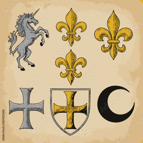 A collection of hand-drawn medieval heraldic symbols featuring a unicorn, fleur-de-lis, and crusader cross on an old paper background.