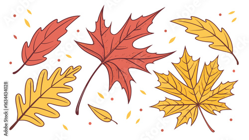 Autumn tree branch with falling red and yellow leaves
