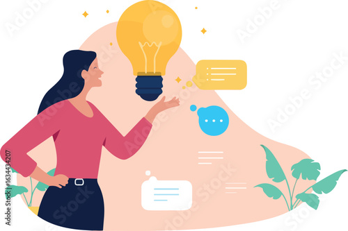 Woman with a bright lightbulb floating above her hand, symbolising a great idea, creative thinking, or innovation with supporting thought bubbles. Flat design vector illustration 
