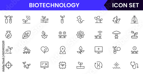 Biotechnology vector line icons featuring DNA strands, microscopes, test tubes, genetic engineering, lab equipment, research, cells, molecules, and scientific innovation.